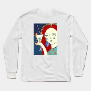 Star girl with glass of wine, Abstract art, Colorful retro print, Party mood, Mid century modern Long Sleeve T-Shirt